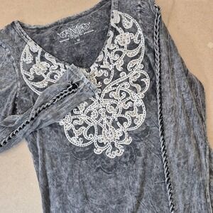 Y2K Maurices‎ Rhinestone Shirt Womens Medium Gray Stone Wash Grunge Made in USA